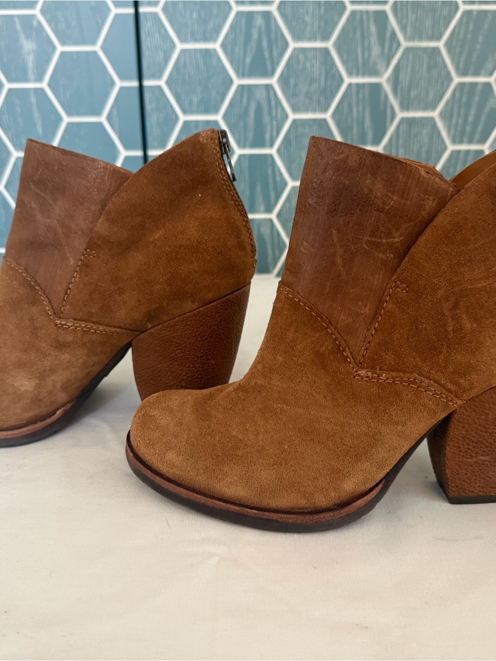 Kork-Ease Brown Suede Ankle Booties with Block Heel